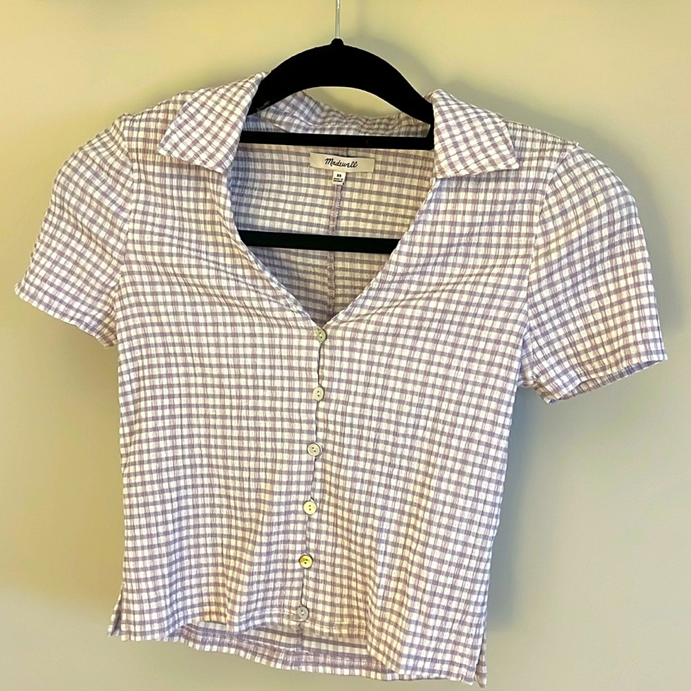 Madewell XS Lavender Gingham cropped shirt